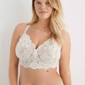 Aerie Real Happy Wireless Lightly Lined Bluegrass Lace Bra in Soft Muslin